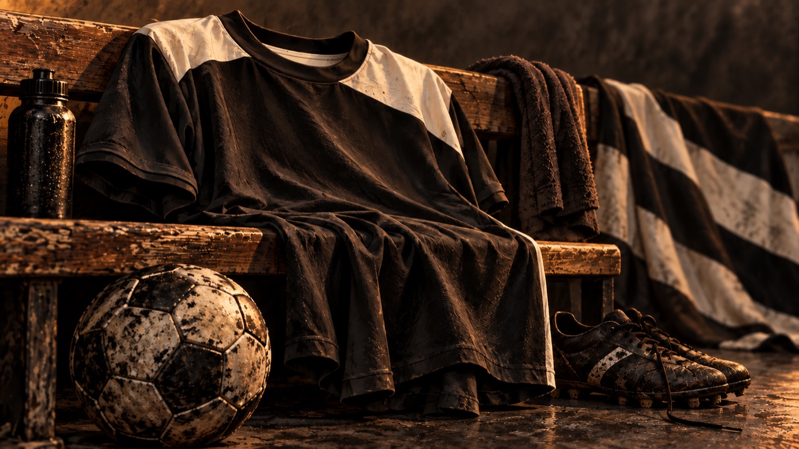 Yapay zekâ ile üretilmiş temsili illüstrasyon. Maç hazırlığını anlatan armasız siyah-beyaz forma, yıpranmış futbol topu ve sade taraftar bayrağının özgün yakın plan illüstrasyonu. Belirli bir soyunma odası, giriş tüneli veya resmî ürün gösterilmez.