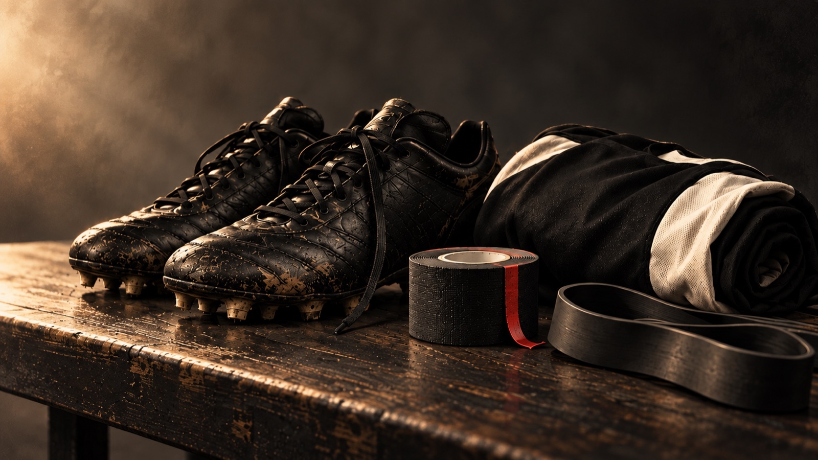Yapay zekâ ile üretilmiş temsili illüstrasyon. Futbola dönüş ve hazırlık dosyasını anlatan krampon, katlanmış siyah-beyaz giysi ve spor bandı yakın planı. Belirli bir tesis veya yaşanmış tedavi anı gösterilmez.