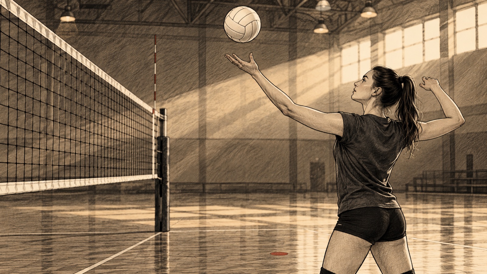 Yapay zekâ ile üretilmiş temsili illüstrasyon. Temsili Kara Mürekkep kadın voleybol hazırlığı: logosuz giysili anonim oyuncu ve top, yaşanmış idman karesi değil.