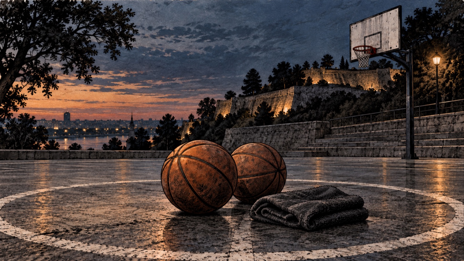 Yapay zekâ ile üretilmiş temsili illüstrasyon. Temsili Kara Mürekkep basketbol görseli: Kalemegdan duvarlarının önündeki boş açık hava sahasında iki top ve bir havlu.