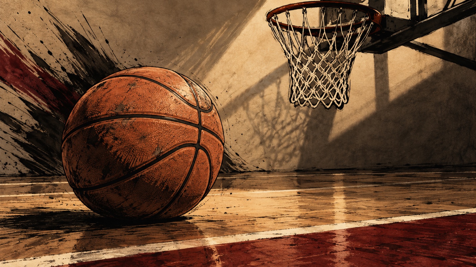 Yapay zekâ ile üretilmiş temsili illüstrasyon. Cumhurbaşkanlığı Kupası öncesi basketbolu top ve potayla anlatan temsili Kara Mürekkep illüstrasyonu; gerçek maç sahnesi değildir.