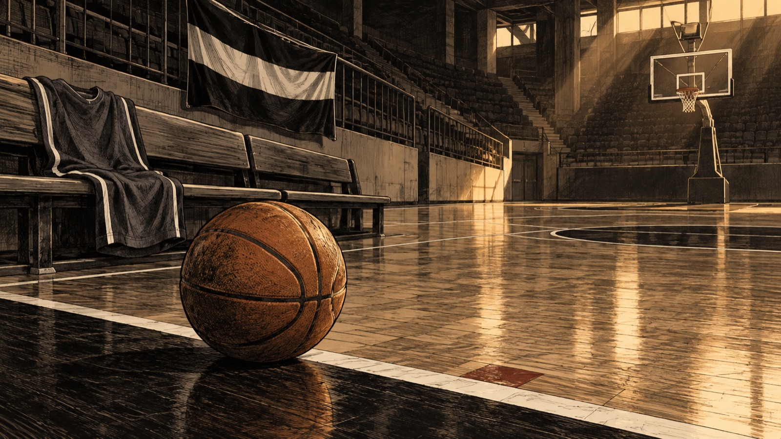 Yapay zekâ ile üretilmiş temsili illüstrasyon. Temsili Kara Mürekkep basketbol çizimi: boş salonda logosuz forma, armasız bayrak ve top; Partizan maçından gerçek görüntü değil.