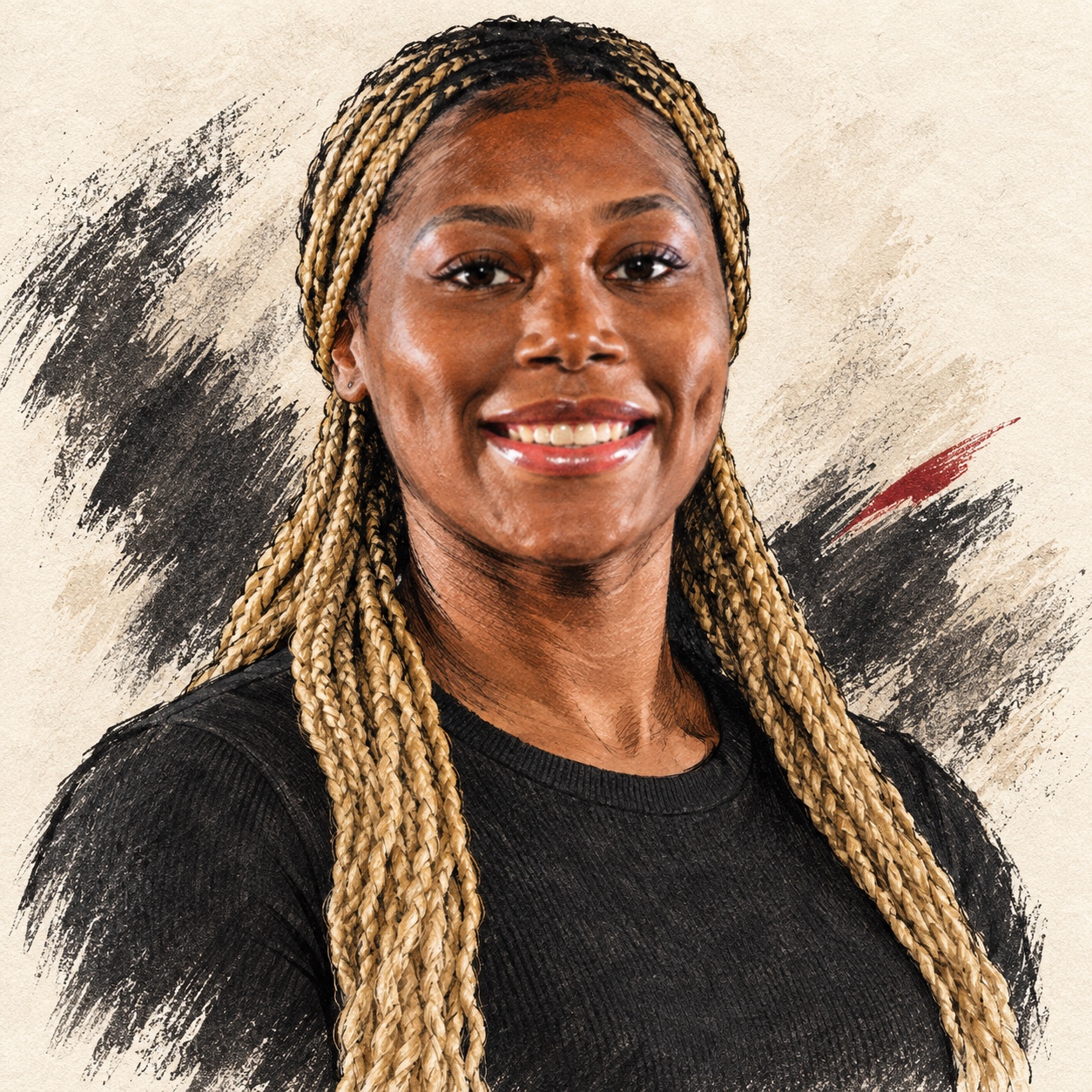 Yapay zekâ ile üretilmiş temsili illüstrasyon. Amy Nnenna Okonkwo — resmî kimlik referansından çizilmiş, armasız siyah üstlü özgün Kara Mürekkep portresi.