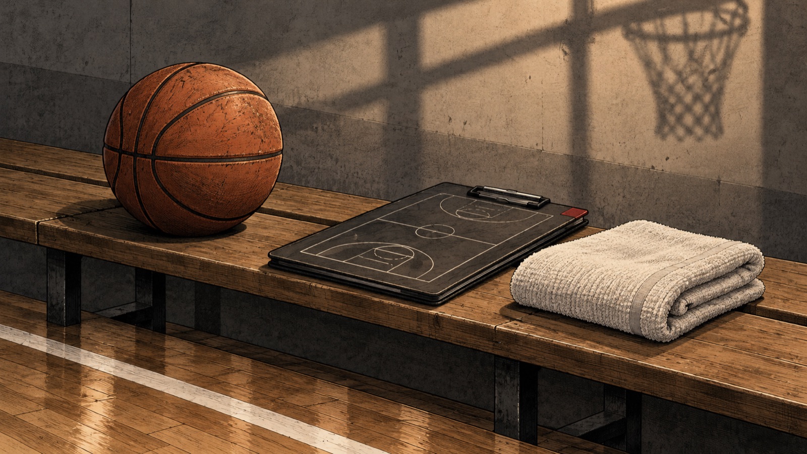 Yapay zekâ ile üretilmiş temsili illüstrasyon. Kupa finali sonrasındaki değerlendirmeyi basketbol, kapalı taktik panosu ve havluyla anlatan temsili Kara Mürekkep illüstrasyonu; gerçek salon veya maç görüntüsü değildir.