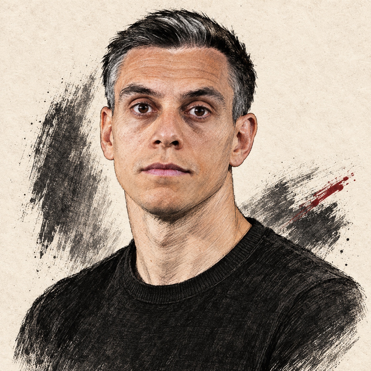 Yapay zekâ ile üretilmiş temsili illüstrasyon. Leandro Trossard — resmî kimlik referansından çizilmiş, formasız ve logosuz özgün Kara Mürekkep portresi.